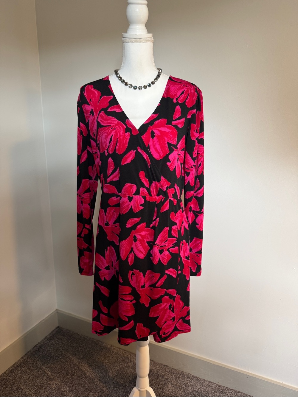 Nine West Faux Wrap Floral Dress Hot Pink Black Long Sleeve, Size Large